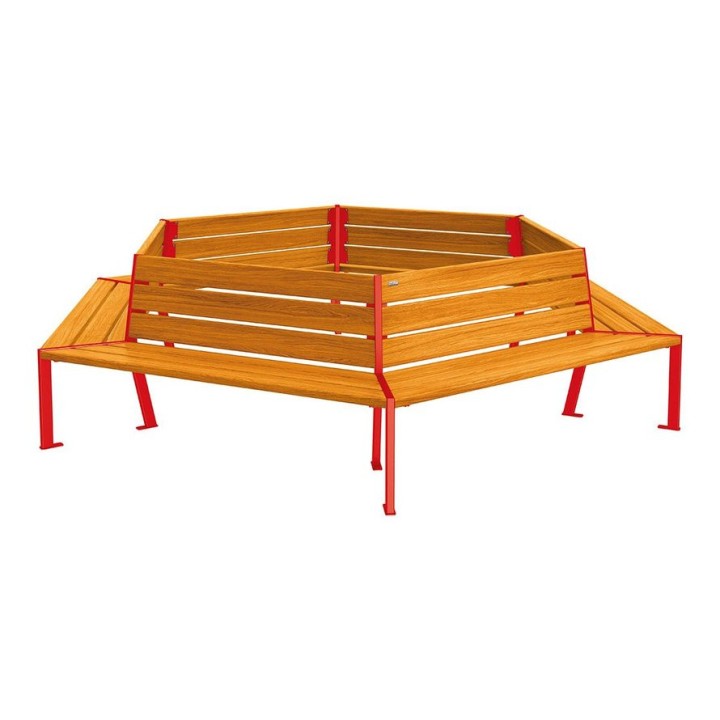 Banc tour d'arbre Silaos Procity, Ø int. 2000 mm, dim. ext. 3368 x 2930 mm, fixation platines - Chêne clair/Rouge signalisation