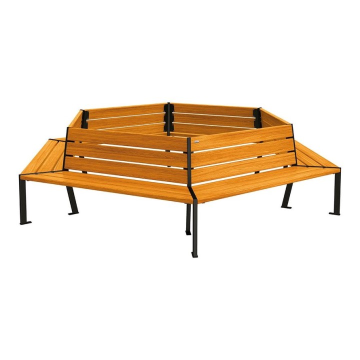 Banc tour d'arbre Silaos Procity, Ø int. 2000 mm, dim. ext. 3368 x 2930 mm, fixation platines - Chêne clair/Noir foncé
