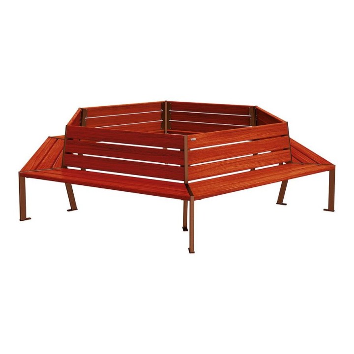 Banc tour d'arbre Silaos Procity, Ø int. 2000 mm, dim. ext. 3368 x 2930 mm, fixation platines - Acajou/Aspect Corten