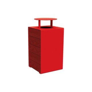 Corbeille KUB. acier et bois 120 litres Procity - Avec couvercle - Haut. 950 mm - Acajou/Rouge signalisation