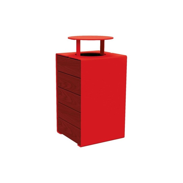 Corbeille KUB. acier et bois 120 litres Procity - Avec couvercle - Haut. 950 mm - Acajou/Rouge signalisation