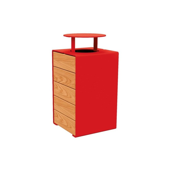 Corbeille KUB. acier et bois 120 litres Procity - Avec couvercle - Haut. 950 mm - Chêne clair/Rouge signalisation
