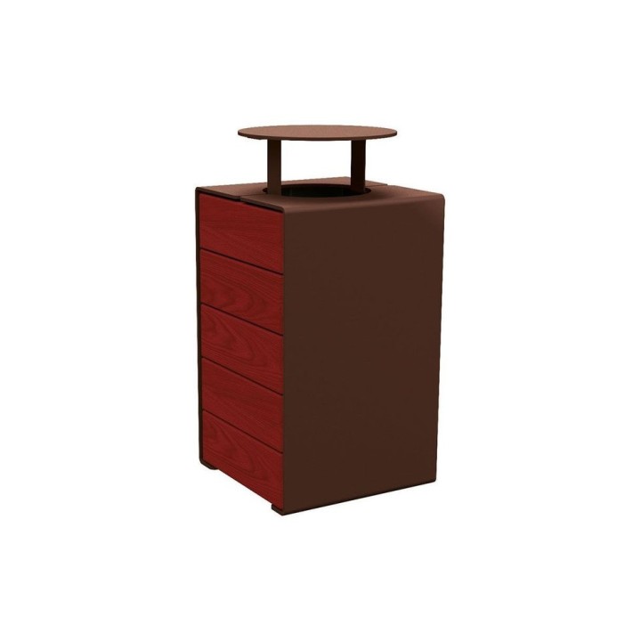 Corbeille KUB. acier et bois 120 litres Procity - Avec couvercle - Haut. 950 mm - Acajou/Brun chocolat