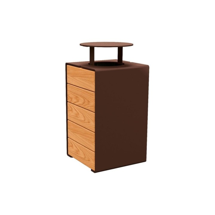 Corbeille KUB. acier et bois 120 litres Procity - Avec couvercle - Haut. 950 mm - Chêne clair/Brun chocolat