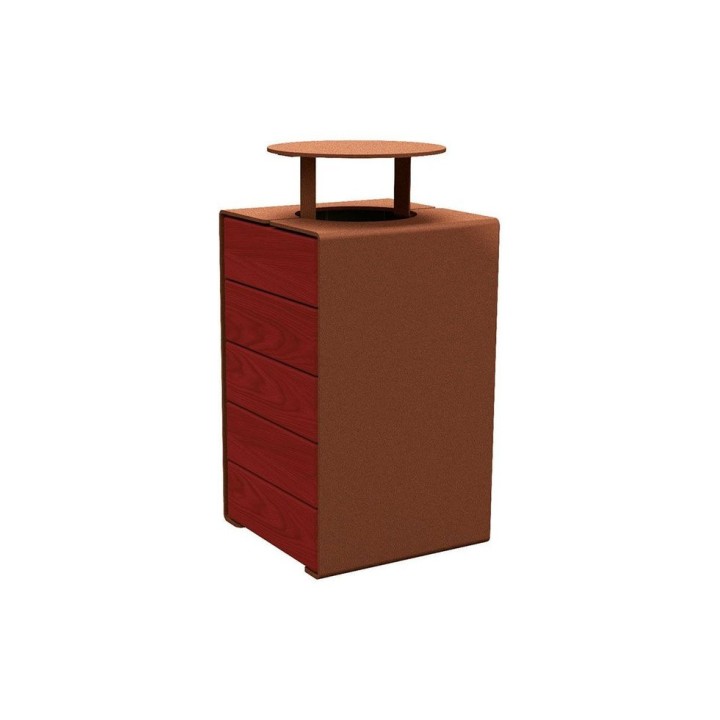 Corbeille KUB. acier et bois 120 litres Procity - Avec couvercle - Haut. 950 mm - Acajou/Aspect Corten