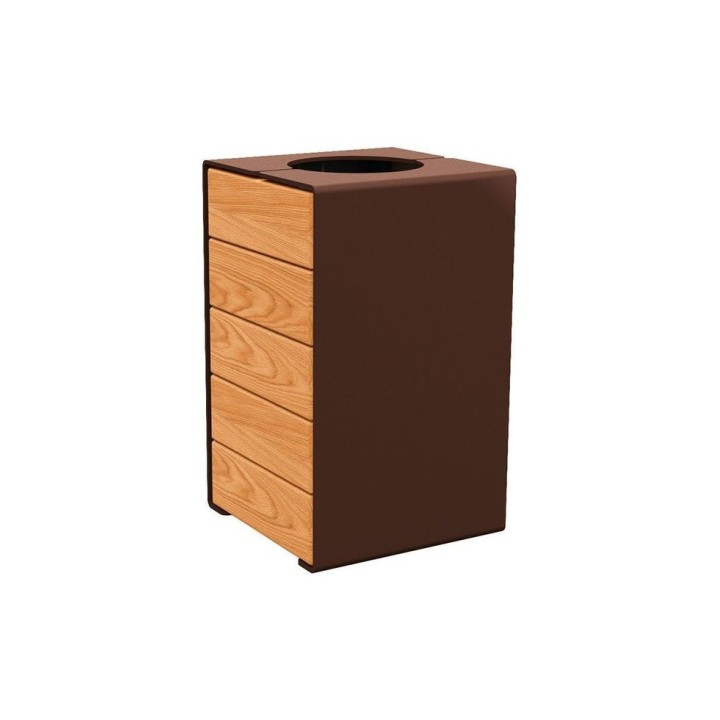 Corbeille KUB. acier et bois 120 litres Procity - Sans couvercle - Haut. 750 mm - Chêne clair/Brun chocolat