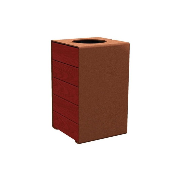 Corbeille KUB. acier et bois 120 litres Procity - Sans couvercle - Haut. 750 mm - Acajou/Aspect Corten