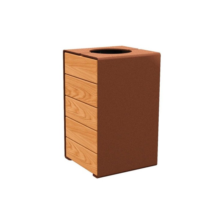 Corbeille KUB. acier et bois 120 litres Procity - Sans couvercle - Haut. 750 mm - Chêne clair/Aspect Corten