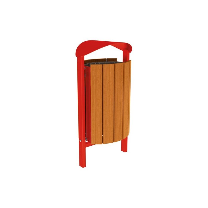 Corbeille Silaos acier et bois 50 litres Procity - Scellement direct - Sans cendrier - Chêne clair/Rouge signalisation