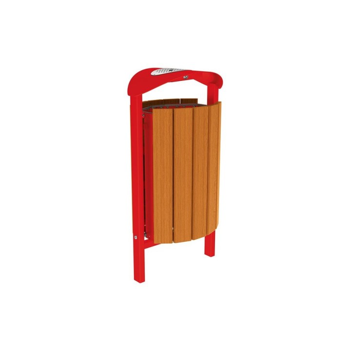 Corbeille Silaos acier et bois 50 litres Procity - Scellement direct - Avec cendrier - Chêne clair/Rouge signalisation