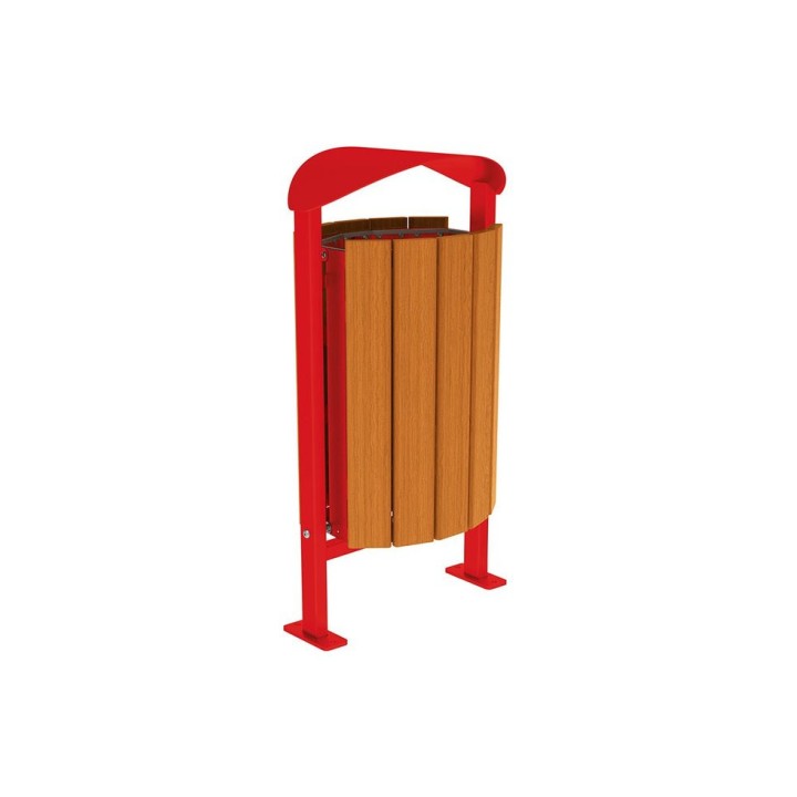 Corbeille Silaos acier et bois 50 litres Procity - Sur platines - Sans cendrier - Chêne clair/Rouge signalisation