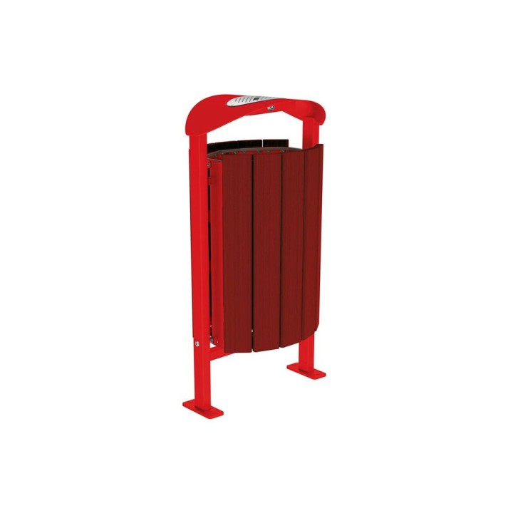 Corbeille Silaos acier et bois 50 litres Procity - Sur platines - Avec cendrier - Acajou/Rouge signalisation