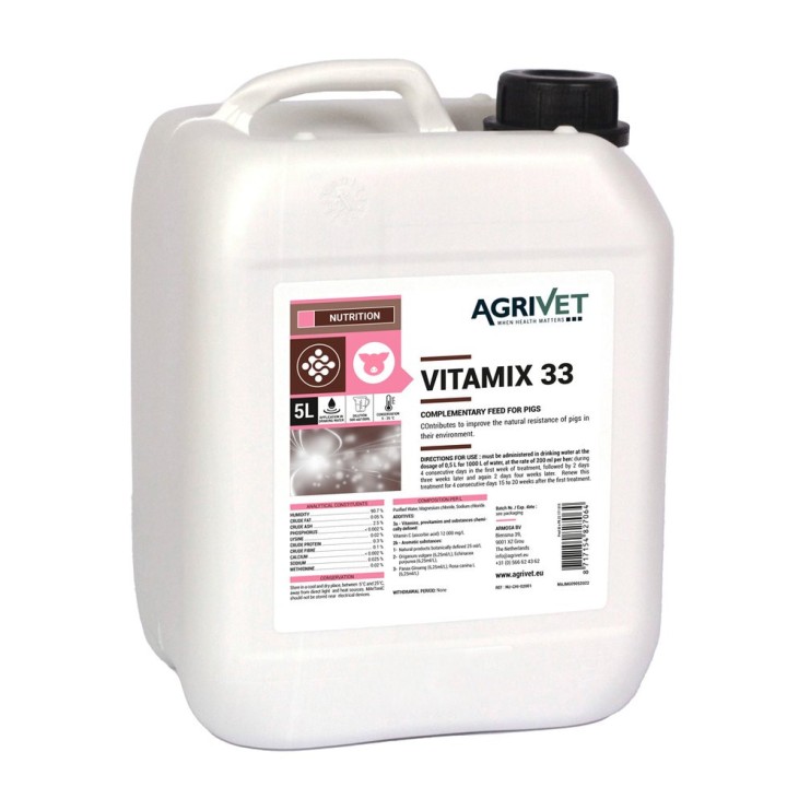 Vitamix 33 Agrivet - Aliments complémentaires pour volailles, porcs et ruminants - Bidon 5 Litres