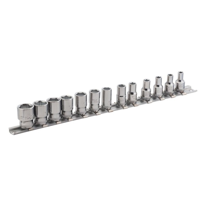 Jeu de douilles 1/4" 6 pans métrique, sur réglette - 13 pièces