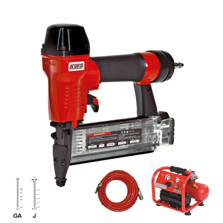 Ensemble cloueur pneumatique J-55 P1 Alsafix pour Minibrads - Brads, avec compresseur - Tuyau