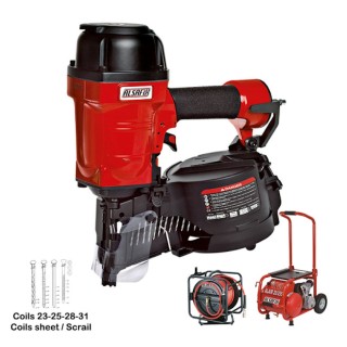 Ensemble cloueur C 38/90 P1 pneumatique Alsafix pour pointes en rouleaux, avec compresseur - Enrouleur d'air