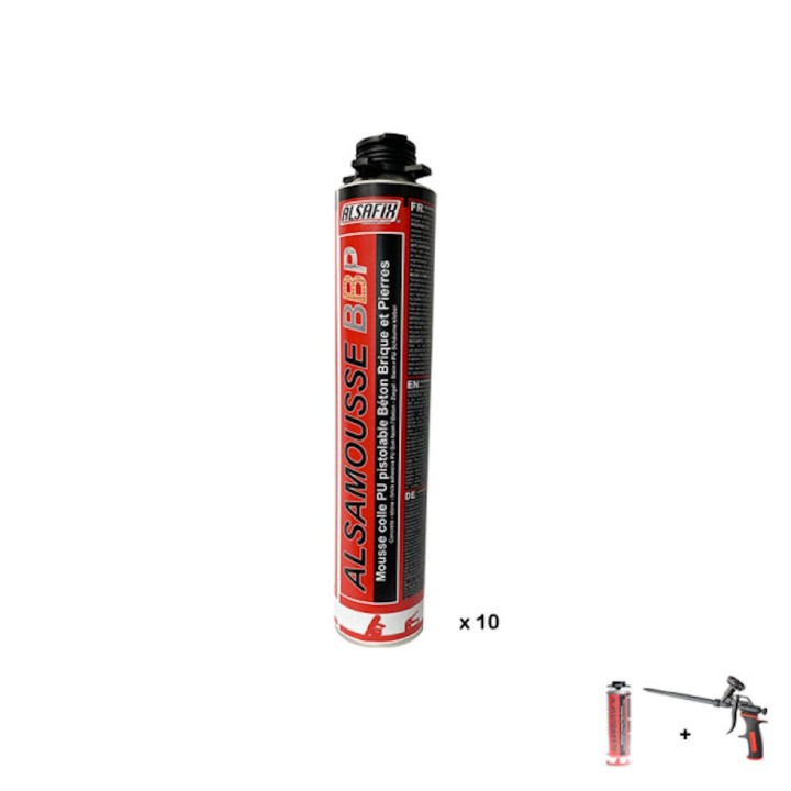 Ensemble Alsamousse colle PU béton, brique et pierre Alsafix (10 x 750 ml), avec pistolet mousse - nettoyant