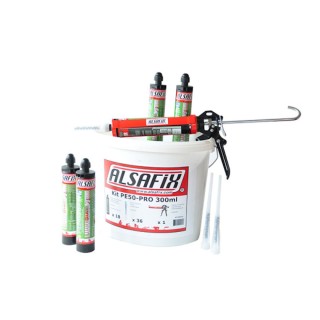 Ensemble 18 x cartouches 300 ml scellement chimique vinyleste BEIGE PE50-PRO Alsafix, avec pistolet - buse - seau chimique