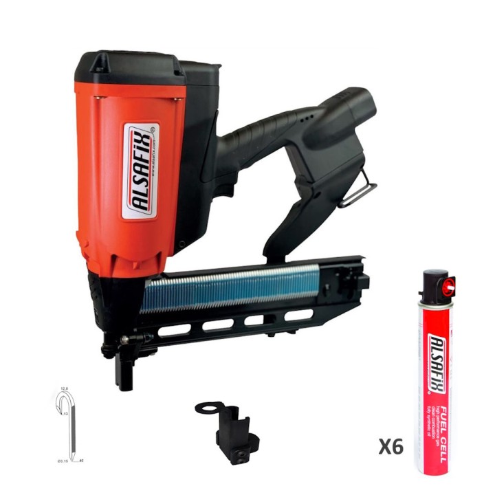Ensemble agrafeuse gaz Alsafix pour demi-crampillons, avec nez demi-crampillons + 6000 cramps + 6 cartouches gaz rouge 80 ml