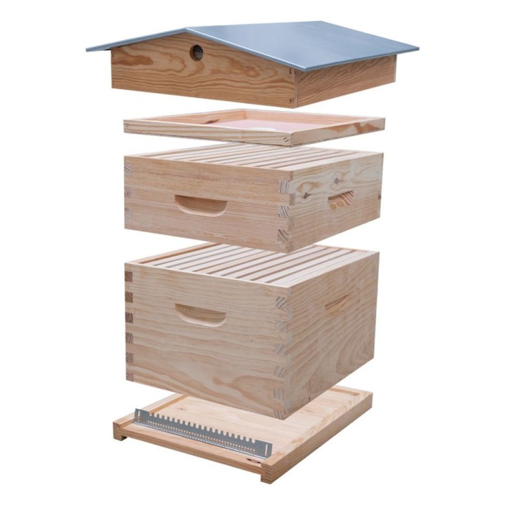 Ruche complète Dadant 10 cadres toit chalet (cadres filés, plateau fond en bois) - Thomas Apiculture