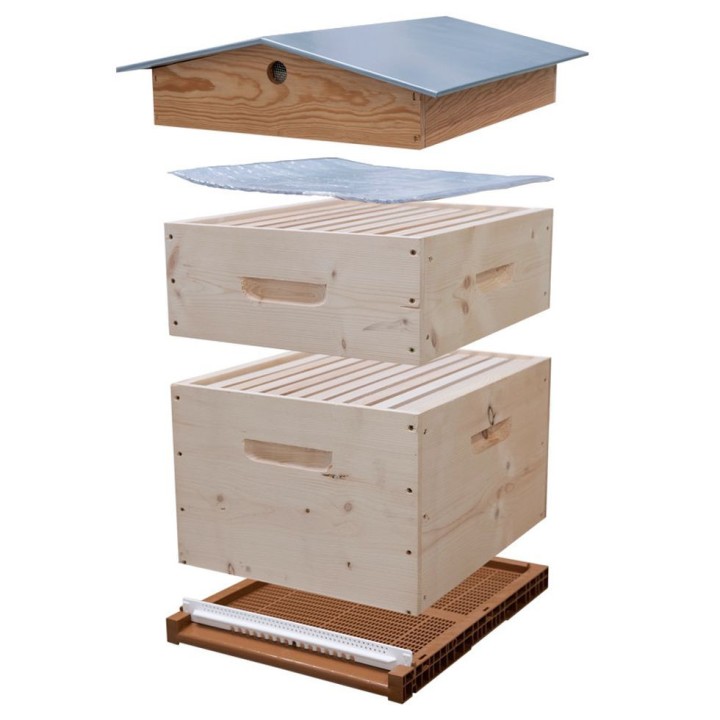 Ruche complète Dadant 10 cadres toit chalet (cadres filés, plateau fond plastique aéré) - Thomas Apiculture