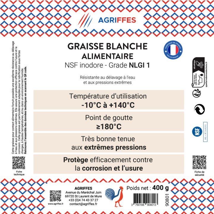 Graisse Agriffes Blanche Alimentaire NSF inodore - Cartouche 0,4 kg