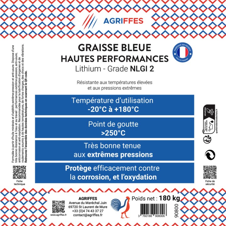 Graisse Agriffes Bleue Lithium Hautes Performances - Fût 180 kg