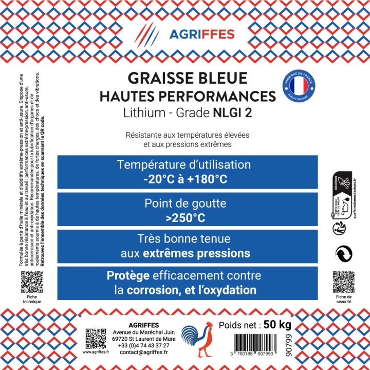Graisse Agriffes Bleue Lithium Hautes Performances - Tonnelet 50 kg