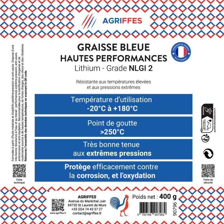 Graisse Agriffes Bleue Lithium Hautes Performances - Cartouche 0,4 kg