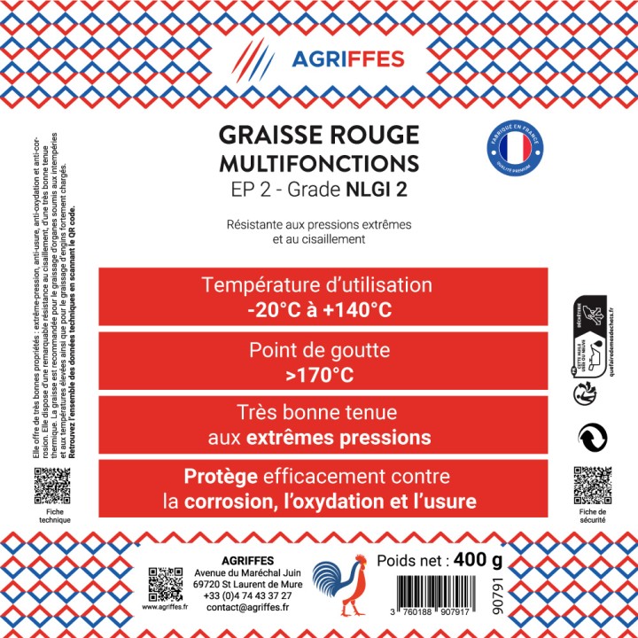 Graisse Agriffes Rouge EP 2 Multi-Fonctions - Cartouche 0,4 kg