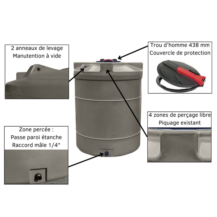 Cuve de stockage d’eau aérienne 4000 L, en PEHD bleu