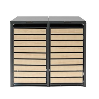 Coffre à poubelles Westmann, métallique, 2 poubelles Lacina, 2 compartiments 240 litres - Anthracite/aspect bois - 132x80x116 cm