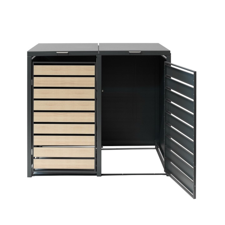 Coffre à poubelles Westmann, métallique, 2 poubelles Lacina, 2 compartiments 240 litres - Anthracite/aspect bois - 132x80x116 cm