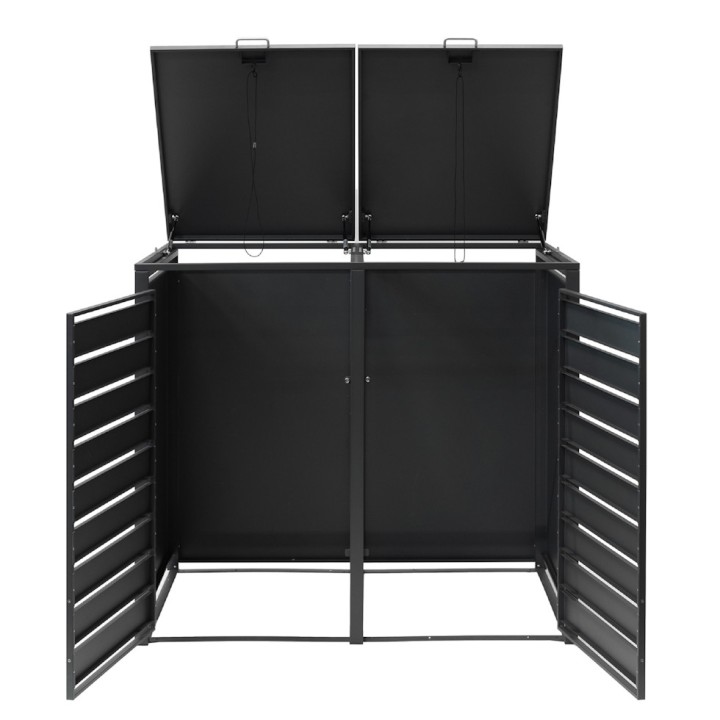 Coffre à poubelles Westmann, métallique, 2 poubelles Lacina, 2 compartiments 240 litres - Anthracite/aspect bois - 132x80x116 cm