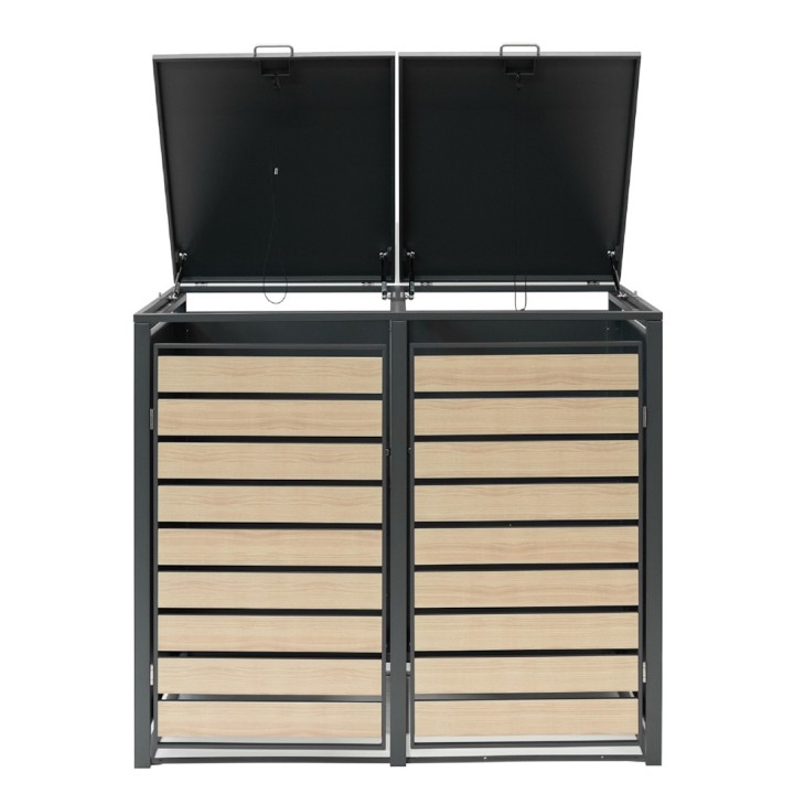 Coffre à poubelles Westmann, métallique, 2 poubelles Lacina, 2 compartiments 240 litres - Anthracite/aspect bois - 132x80x116 cm
