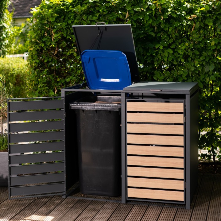 Coffre à poubelles Westmann, métallique, 2 poubelles Lacina, 2 compartiments 240 litres - Anthracite/aspect bois - 132x80x116 cm