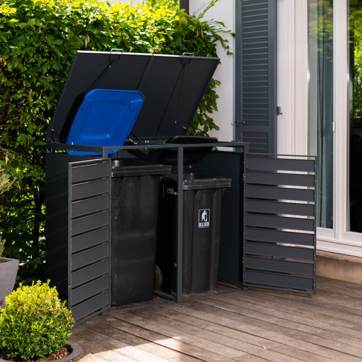 Coffre à poubelles Westmann, métallique, 2 poubelles Lacina, 2 compartiments 240 litres - Anthracite/aspect bois - 132x80x116 cm