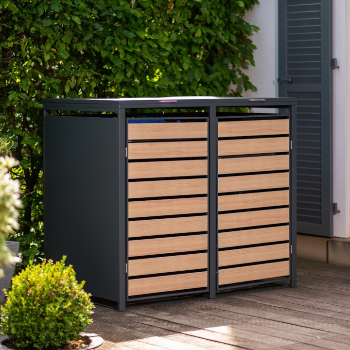 Coffre à poubelles Westmann, métallique, 2 poubelles Lacina, 2 compartiments 240 litres - Anthracite/aspect bois - 132x80x116 cm