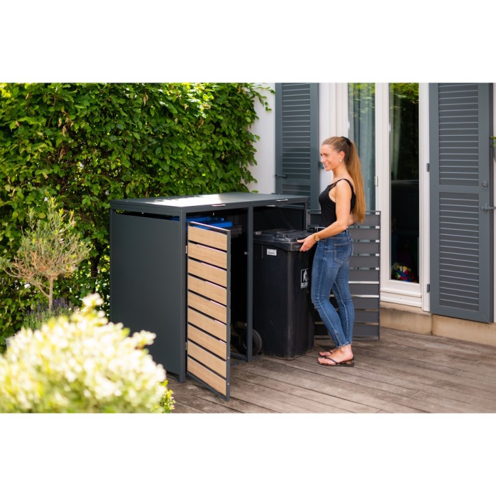 Coffre à poubelles Westmann, métallique, 2 poubelles Lacina, 2 compartiments 240 litres - Anthracite/aspect bois - 132x80x116 cm