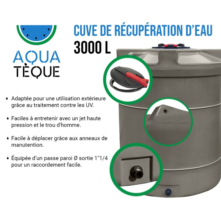Cuve de stockage d’eau aérienne 3000 L, en PEHD gris beige Aquatèque