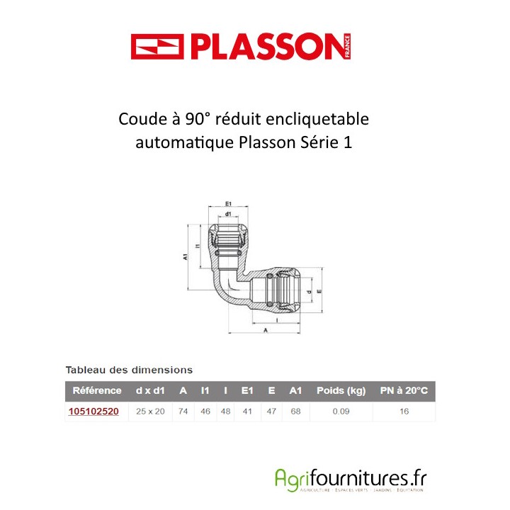 Coude à 90° réduit encliquetable automatique Plasson Série 1 - 25 x 20 mm - Sachet de 10 coudes