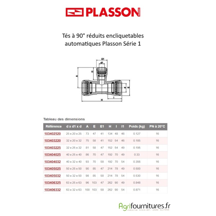 Tés à 90° réduits encliquetables automatiques Plasson Série 1