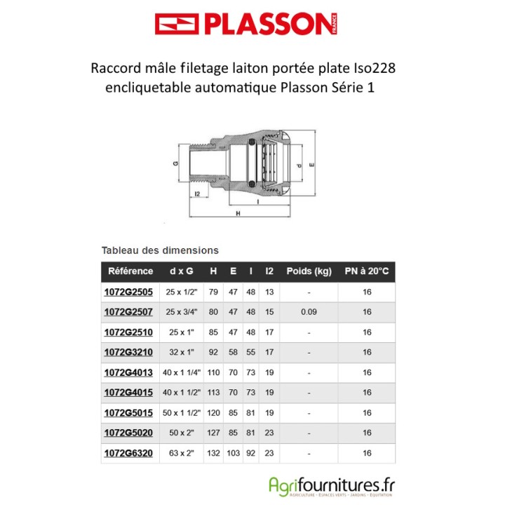 Raccord mâle filetage laiton portée plate Iso228 encliquetable automatique Plasson Série 1