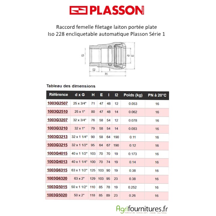 Raccord femelle filetage laiton portée plate Iso228 encliquetable automatique Plasson Série 1