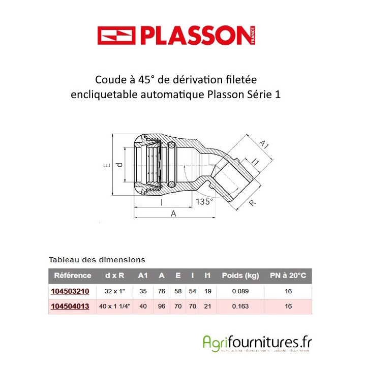 Coude à 45° de dérivation filetée encliquetable automatique Plasson Série 1