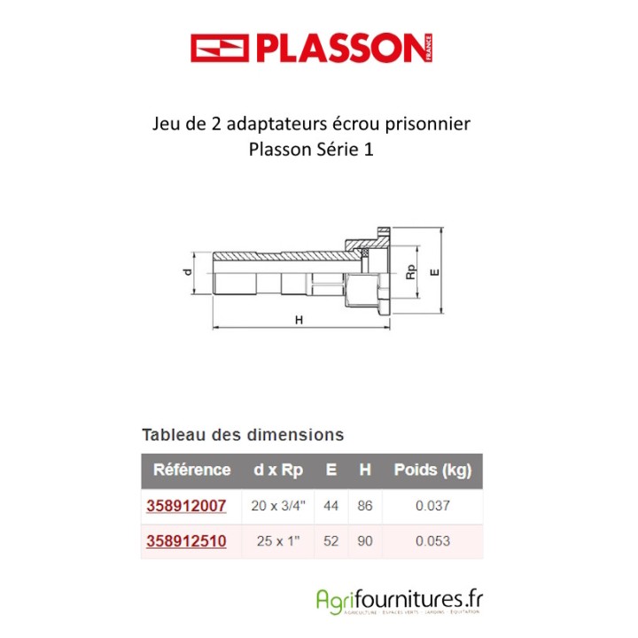 Jeu de 2 adaptateurs écrou prisonnier Plasson Série 1