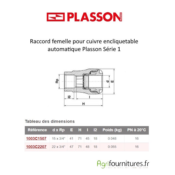 Raccord femelle pour cuivre encliquetable automatique Plasson Série 1