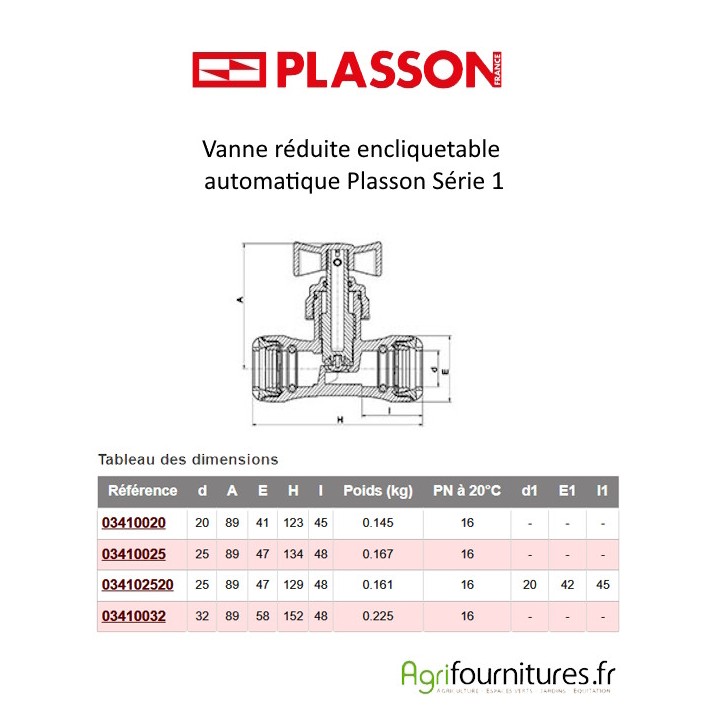 Vanne réduite encliquetable automatique Plasson Série 1