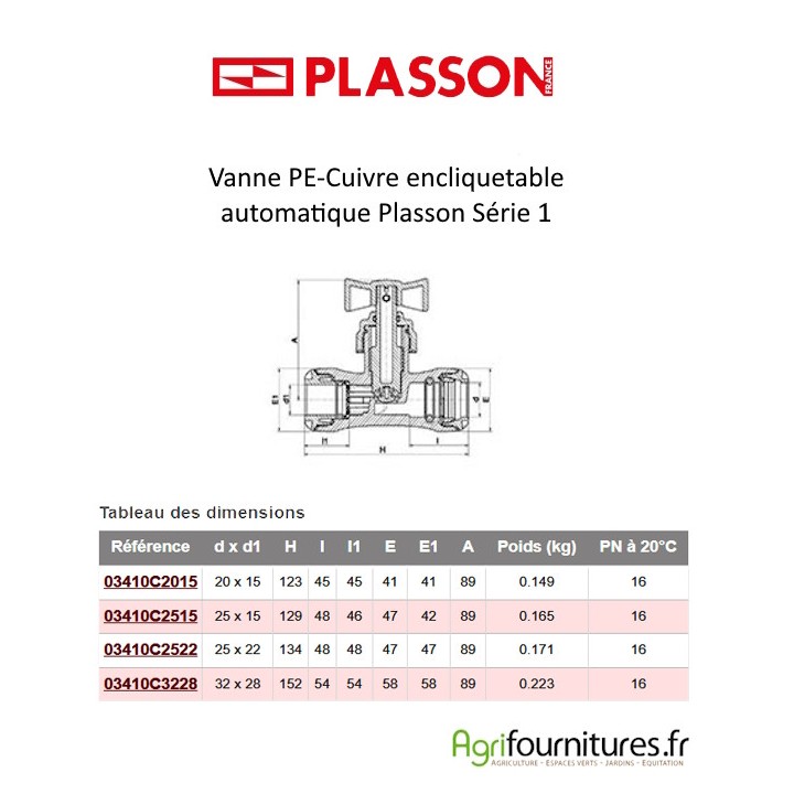 Vanne PE-Cuivre encliquetable automatique Plasson Série 1