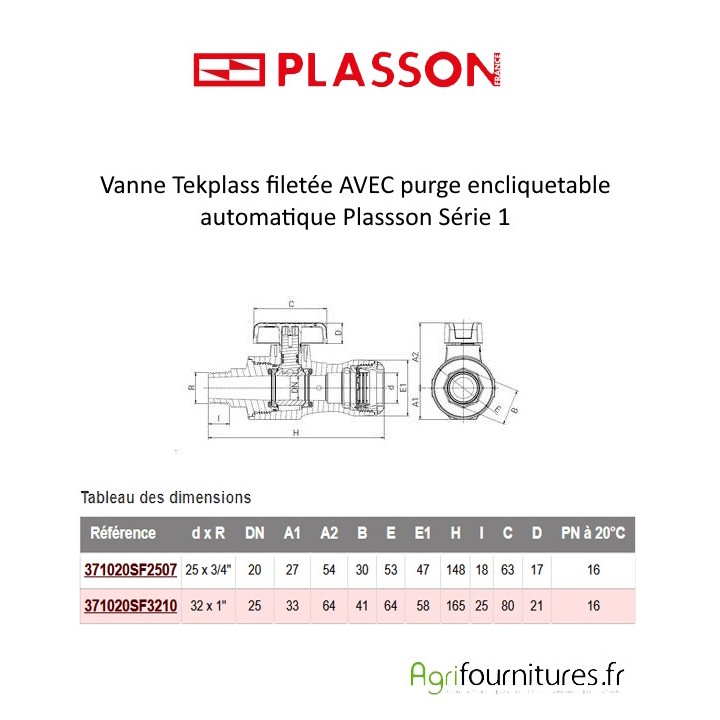 Vanne Tekplass filetée AVEC purge encliquetable automatique Plasson Série 1